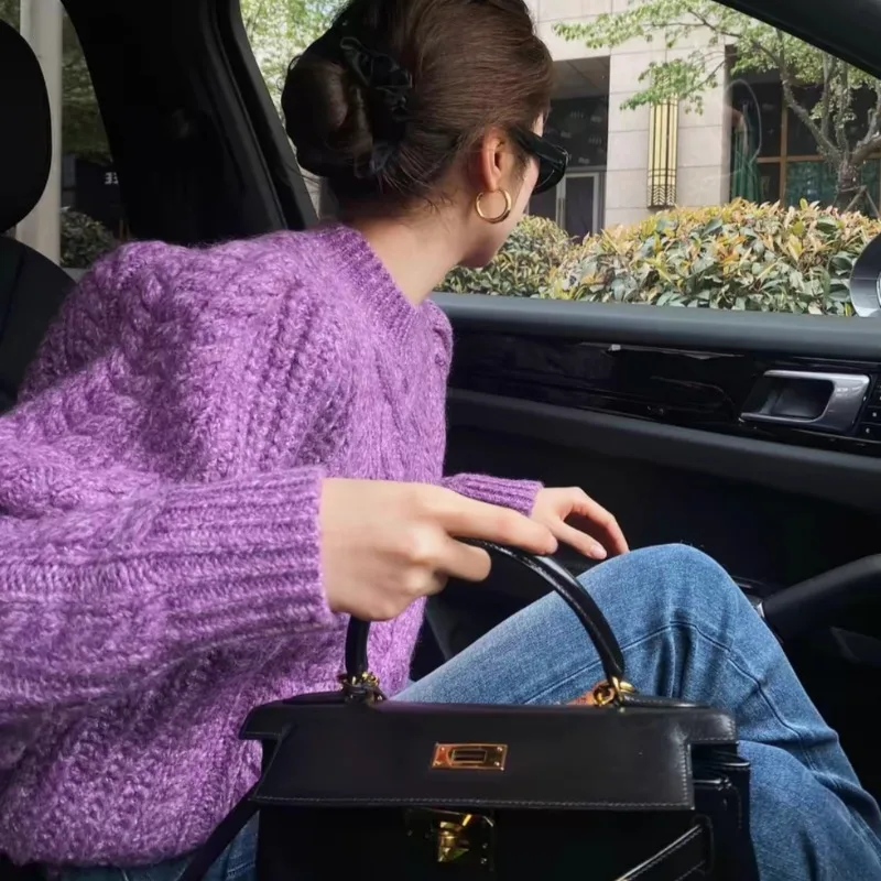 New Fashion Crew Neck Purple Long Sleeve Sweater for Women Casual Elegance Loose Office Top Autumn and Winter Knitwear