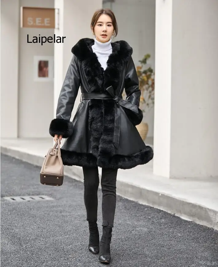 

Faux Fur Leather Jacket Women Winter Warm Skirt Belt Turn-down Collar Long Sleeve Large Size Faux Fur Coat