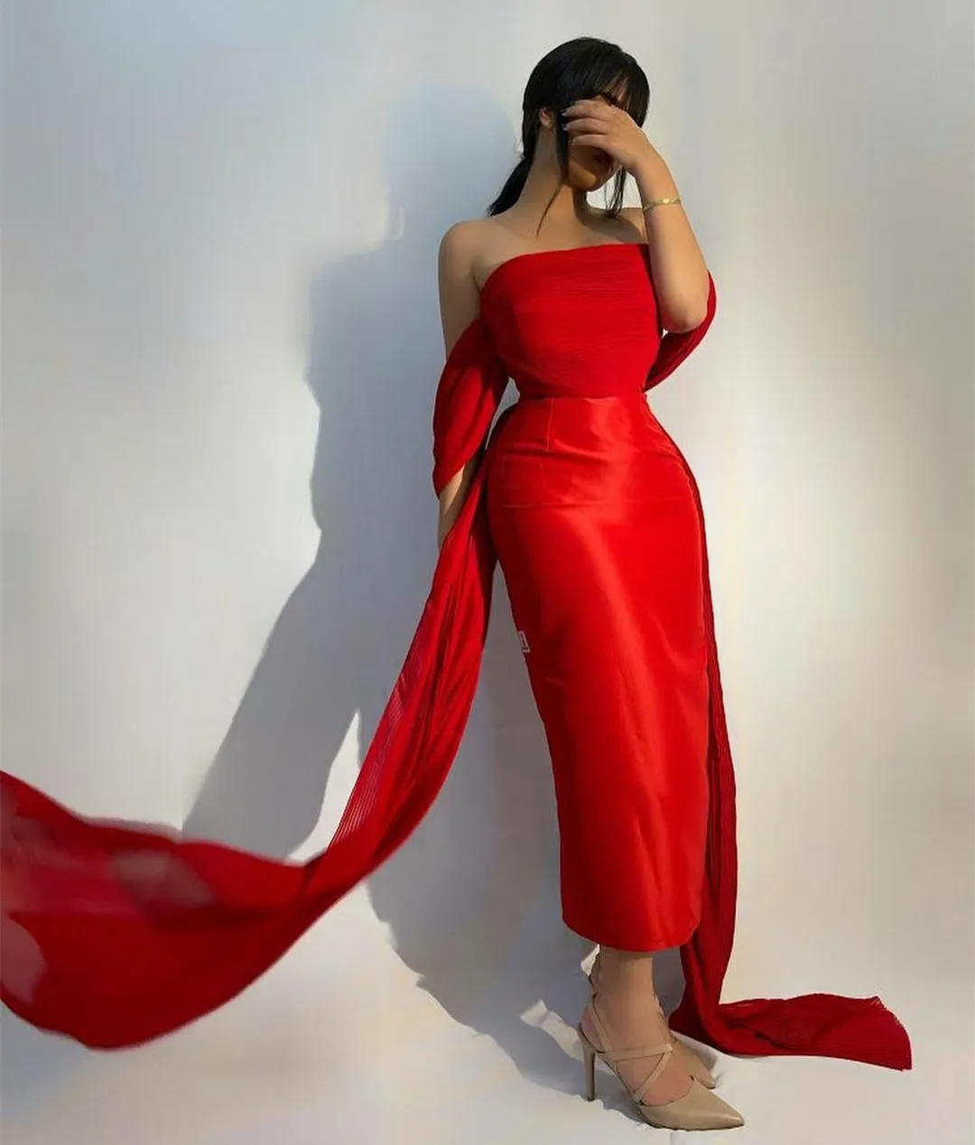 

Elegant Long Satin Red Evening Dresses Sheath Strapless Ankle Length Prom Dress فساتين السهرة for Women