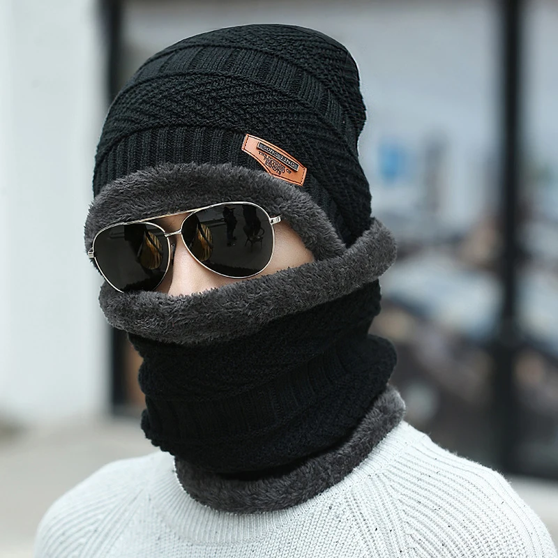 Winter hat men's warm and cold resistant with thick woolen hat cotton cycling knitted neck protection scarf two-piece se