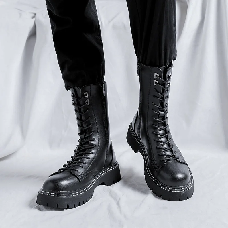 

British style men boots lace-up platform shoes party nightclub dress high motorcycle boot original leather riding botas zapatos