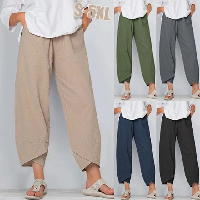 Pants for Women Cotton Linen Wide Leg Capris Womens Summer Cropped Pants  Beach Elastic Waist Baggy Crop Trousers - AliExpress