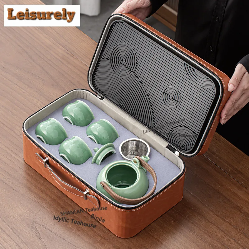 Celadon Round Handle Travel Tea Set Kit Japanese 1 Pot 4 Cups Tea Maker Organizer Portable Outdoor Handbag Supplies Collection