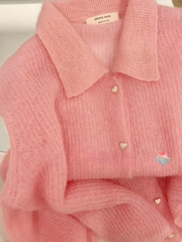 스웨터 탑 가디건, 여성 봄과 가을 핑크 모헤어 폴로 칼라 니트 겉옷, 디자인 센스 틈새 유휴 스타일