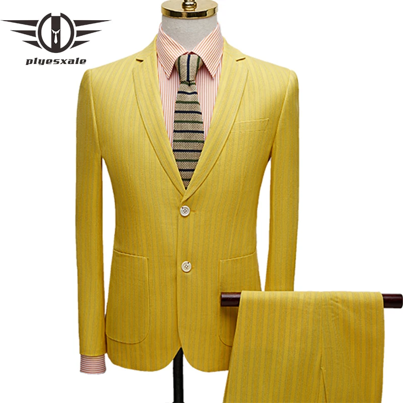 

Plyesxale Yellow Striped Suit Men 2022 Slim Fit Wedding Suits For Men Elegant 2 Pieces Host Stage Prom Night Club Suit Man Q824