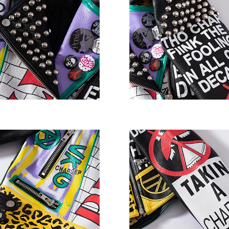 Punk Studded Cropped Motorcycle Jacket for Women 2024 Trend Streetwear Graffiti Print Contrast Faux Leather Jacket S-XXXL
