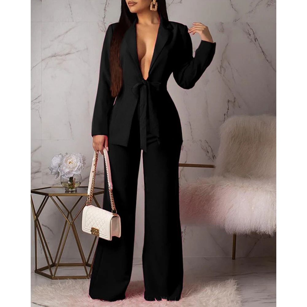 

Elegant Office Women Tie Up Detail Deep V Neck Sexy Blazer Coat & Wide Leg Pants Set Fashion Two Pieces Sets Workwear Outfits