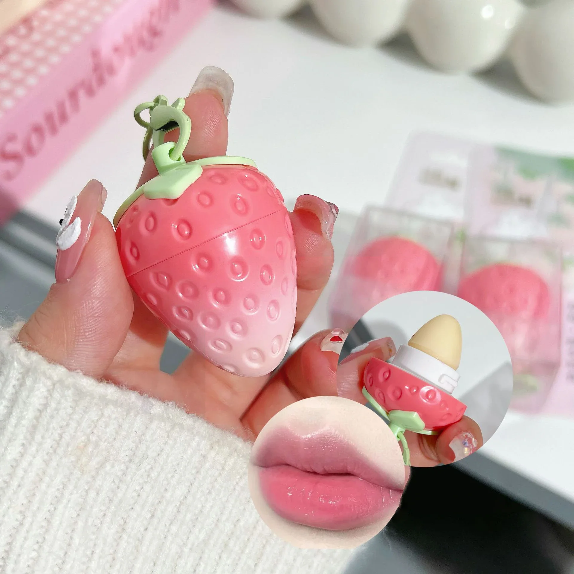1pc Strawberry Keychain Warming Lip Balm Long Lasting Natural Pink