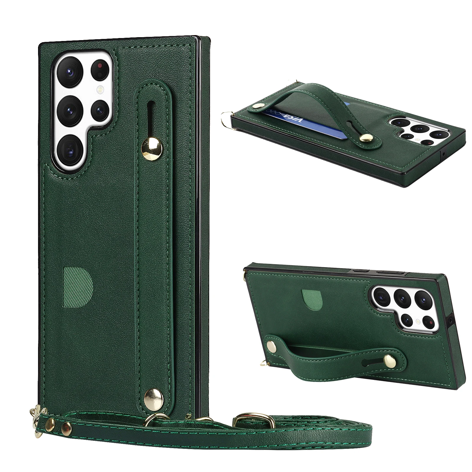 

Crossbody Leather Hand Strap Card Holder Case for Samsung Galaxy S24 Ultra S23 S22 S21 S20 Note 20, Wristband Kickstand Cover