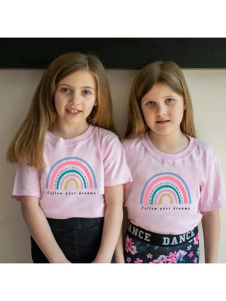 

Rainbow Child Twinning Tshirts Toddler Rainbow T-Shirts Follow Your Dreams Summer Short Sleeve Twinning Tops and Tees Fashion