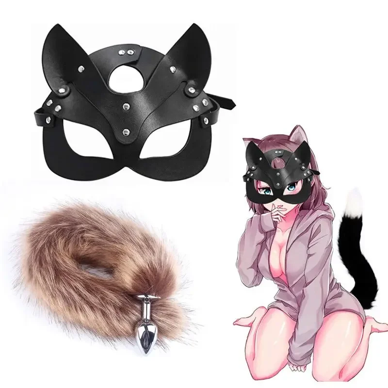 Sex Toys for Woman Cosplay Fox Mask Tail Anal Plug Metal Anus Butt Plug Mask Half Cat Mask Party Sexy Adult  Game Masks BDSM