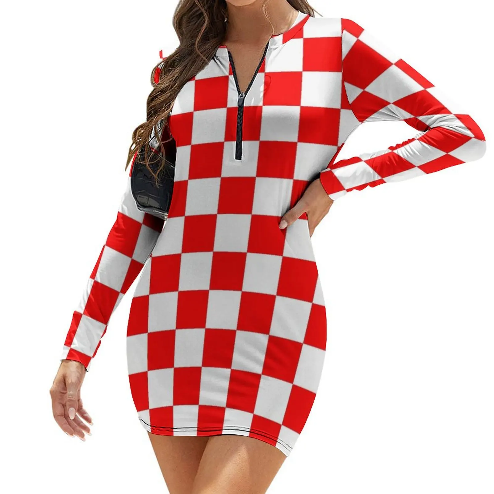

Red and White Checkered Long-Sleeve Bodycon Dress dresses korean style dresses for woman 2024 prom dress