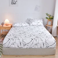 White Bed Sheet with Elastic Band Marbling Printed Single/Queen/King Size Fitted Bed Sheets for Double Beds All-around Bed Cover 2