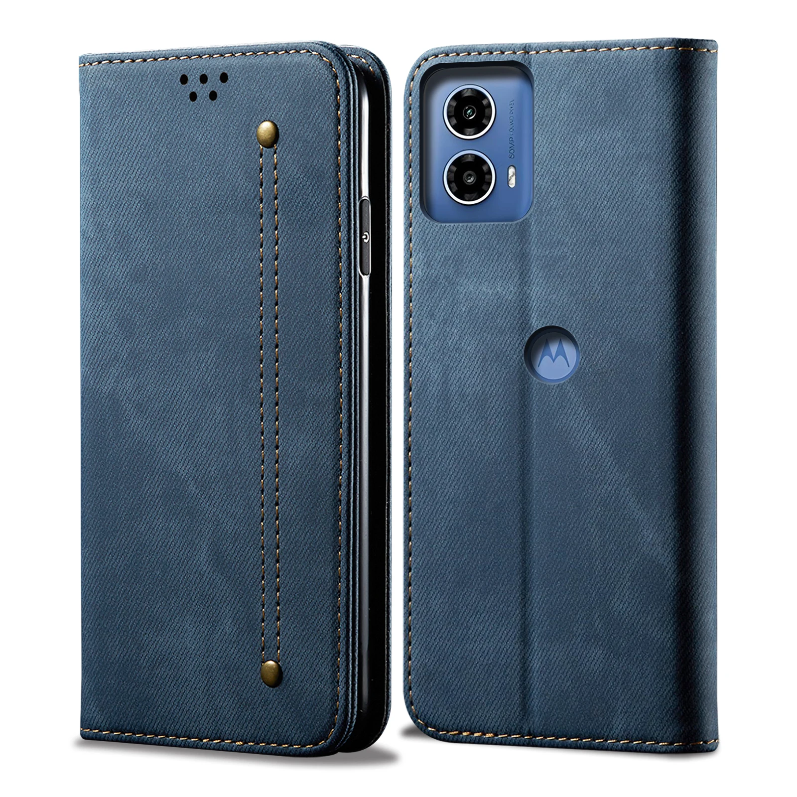 Jeans Texture Denim Pattern Portafoglio In Pelle Flip Case Per Motorola Moto G04 /G24 / G24 Power/ Edge 40 Neo E40 E30 E20 Book Coque