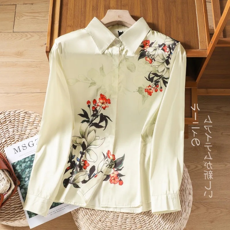

2023 Summer New Shirt Women Blouse Long Sleeved Satin Surface Flower Lapel Collar Korean Fashion Loose Top