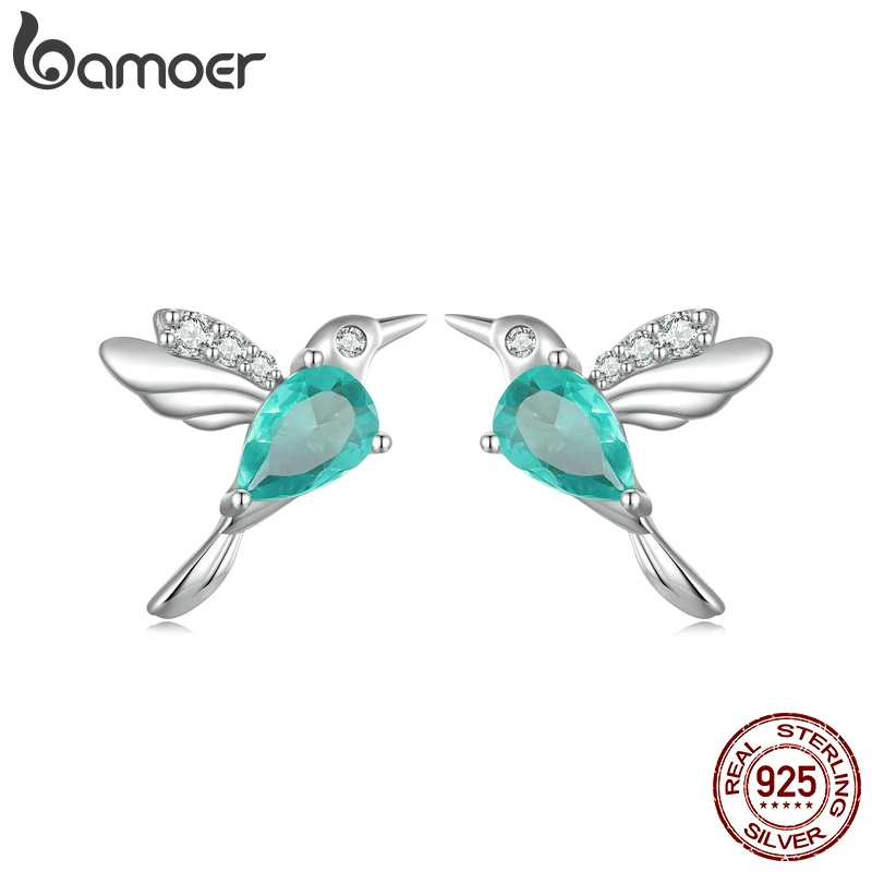 

Bamoer 925 Sterling Silver Mint Green Hummingbird Stud Earrings CZ Plated Platinum Earrings for Women Fine Jewelry Gift