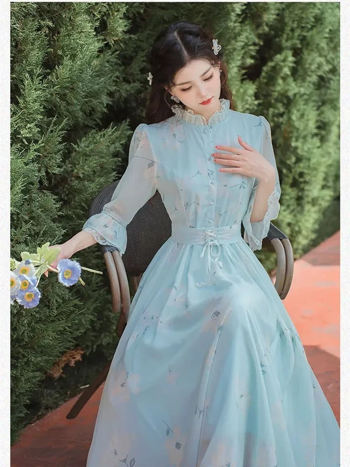 French Style Vintage Vestido Women's Ruffled Mock Neck Chic Lace