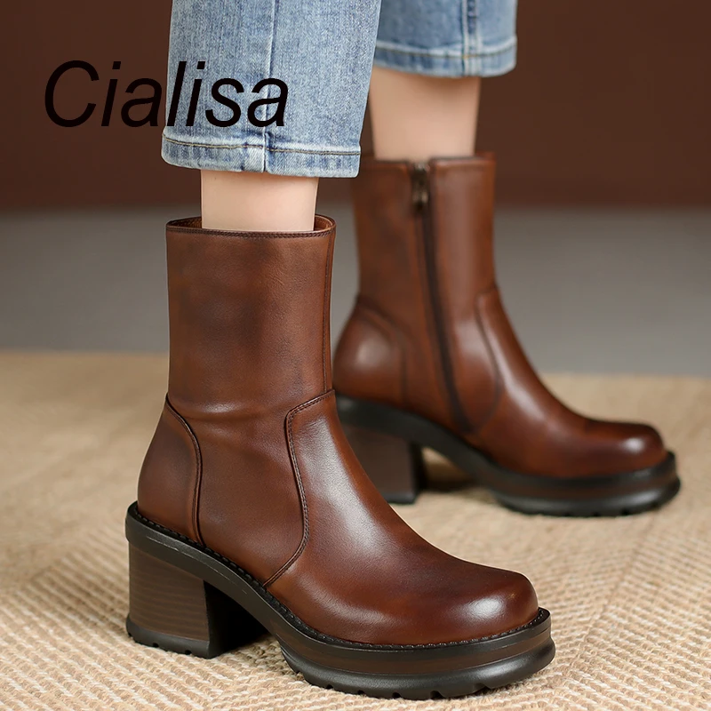 

Cialisa High Quality Genuine Leather Women Ankle Boots Vintage Round Toe Autumn Winter Shoes Lady High Heels Platform Short Boot