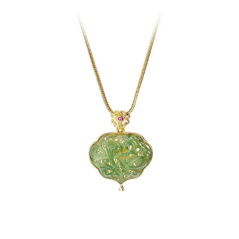 Natural Hetian Jade Hollow Carved Jasper Filigree Perfume Bag Pendant Gold Inlaid with Jade Heart-Shaped
