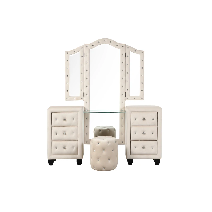 Description Picture 4 of itemModern vanity design with a practical mirror,Crystal Tufted Vanity set Made with Wood in Cream,Crafted from wood for long-lastin