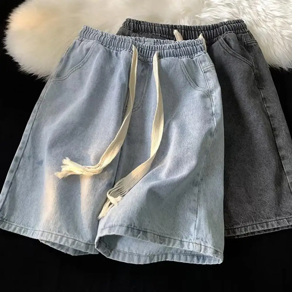 Casual Men Denim Shorts Men's Elastic Drawstring Denim Shorts with Pockets Casual Summer Beach Shorts Quick-drying Wide for Men
