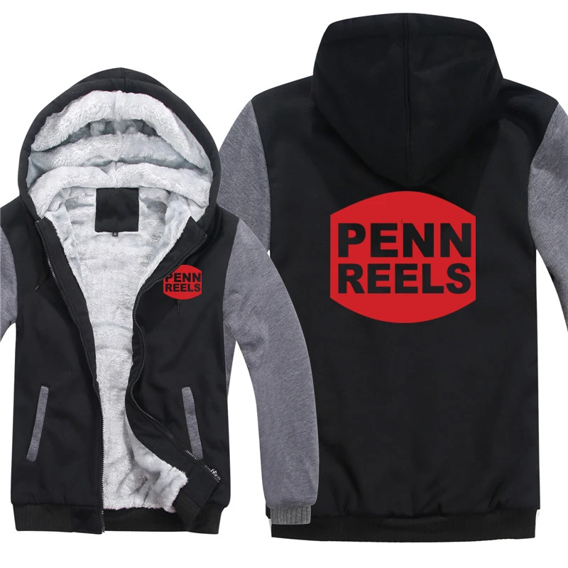 Penn Reels Fishing Logo Print Men Fleece Liner Zipper Hoodie Winter Outdoor  Warm Jacket Coat Fashion Hooded Sweatshirt Plus Size