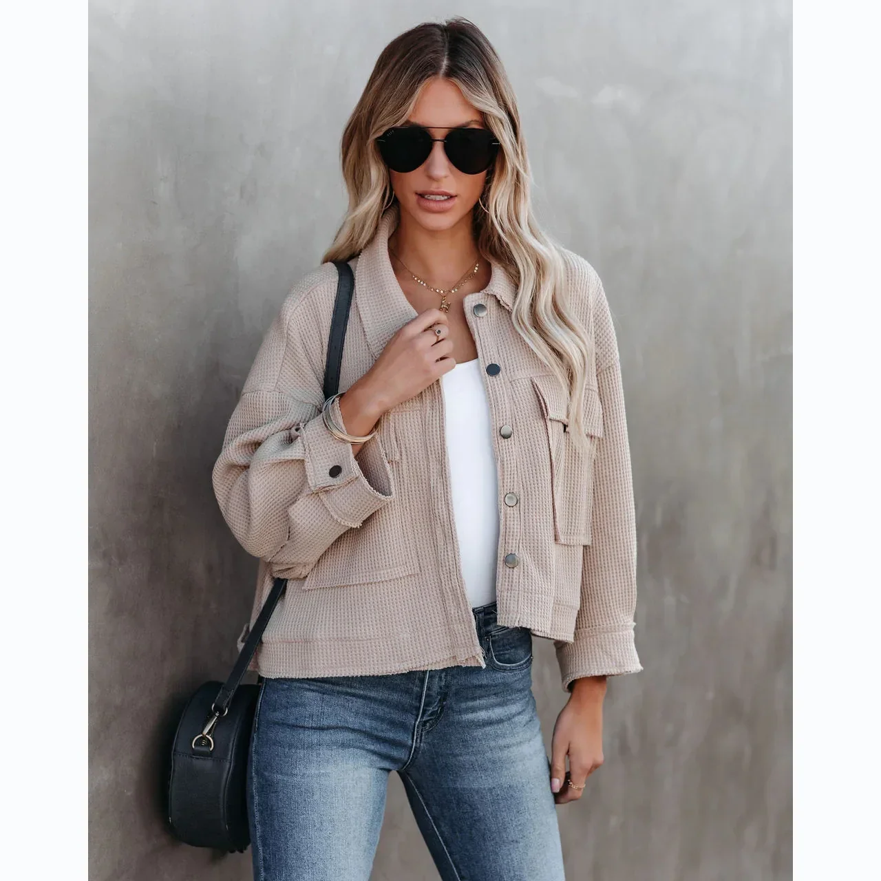 

Vintage Casual Button-Up Oversize White Jackets For Women Long Sleeve Tops Waffle Winter New In Outerwears Cropped Coats
