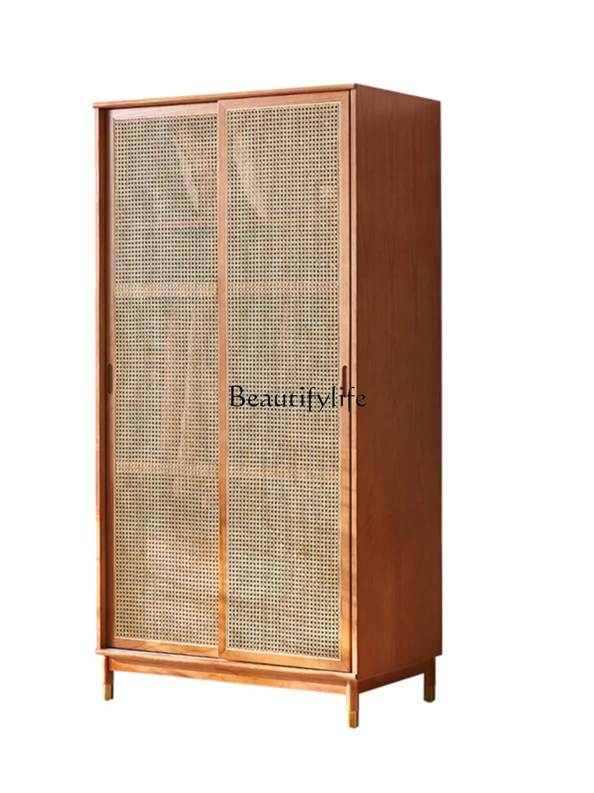 Modern Minimalist Solid Wood Wardrobe Nordic Double Door Rattan Wardrobe