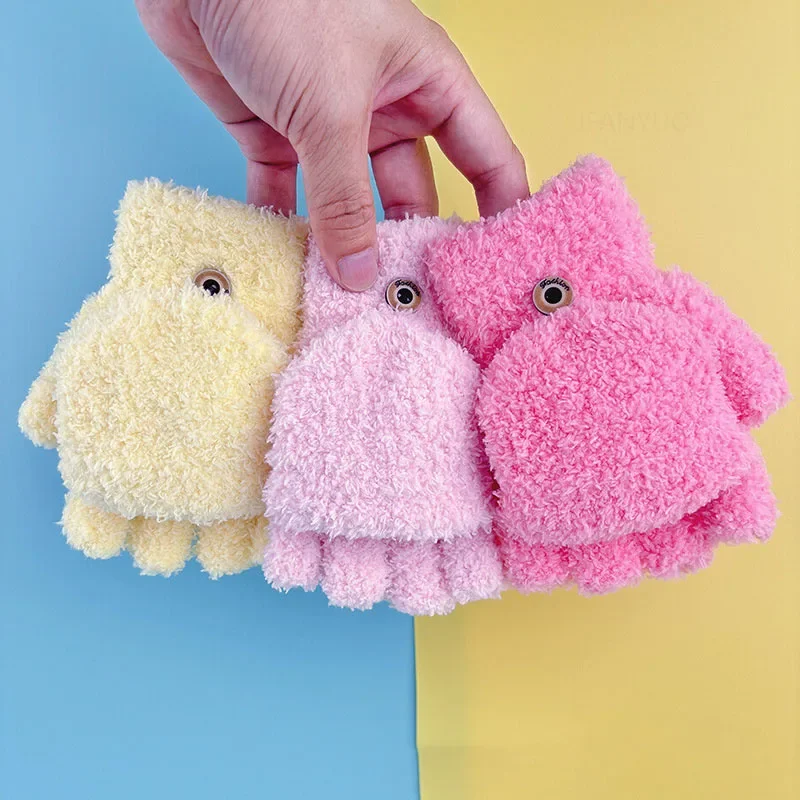 Solid Students Children Half Finger Thick Writing Gloves Coral Fleece Girls Baby Warm Riding Mittens Simple Boys Kid Flip Gloves winter gloves baby mittens