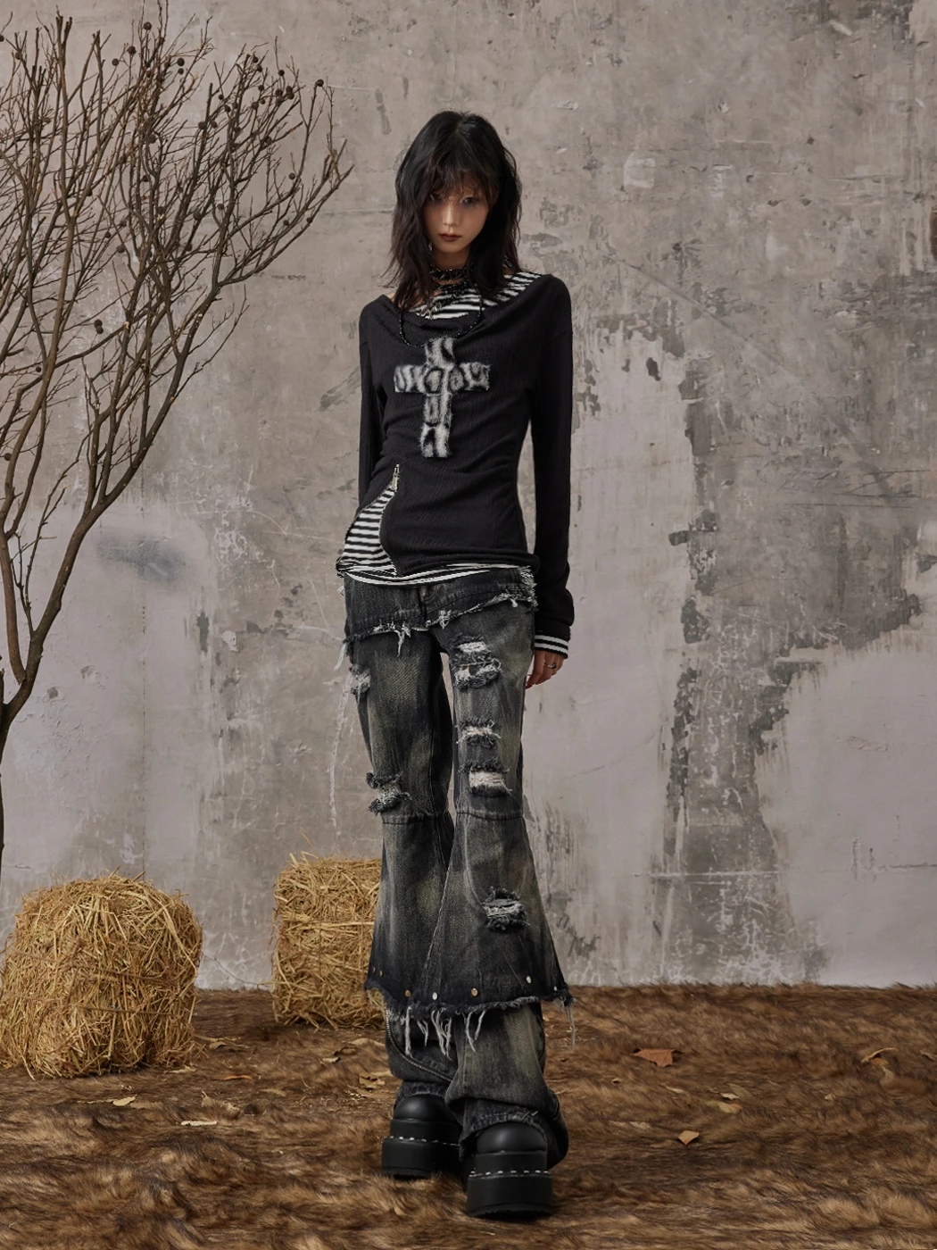 Karrcat Grunge Aesthetics Fake Zweiteilige Tops Trashy Y2k Langarm Strickoberteile Wasteland Punk Patchwork Tops Gothic Vintage – Detail 9