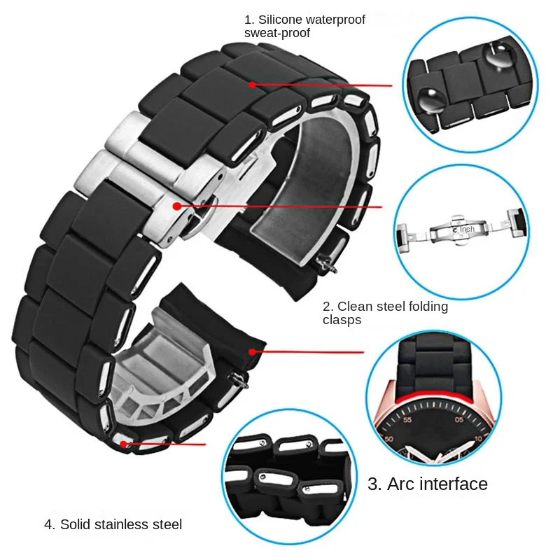 Silicone Rubber Clad Steel Watch Band - White and Black