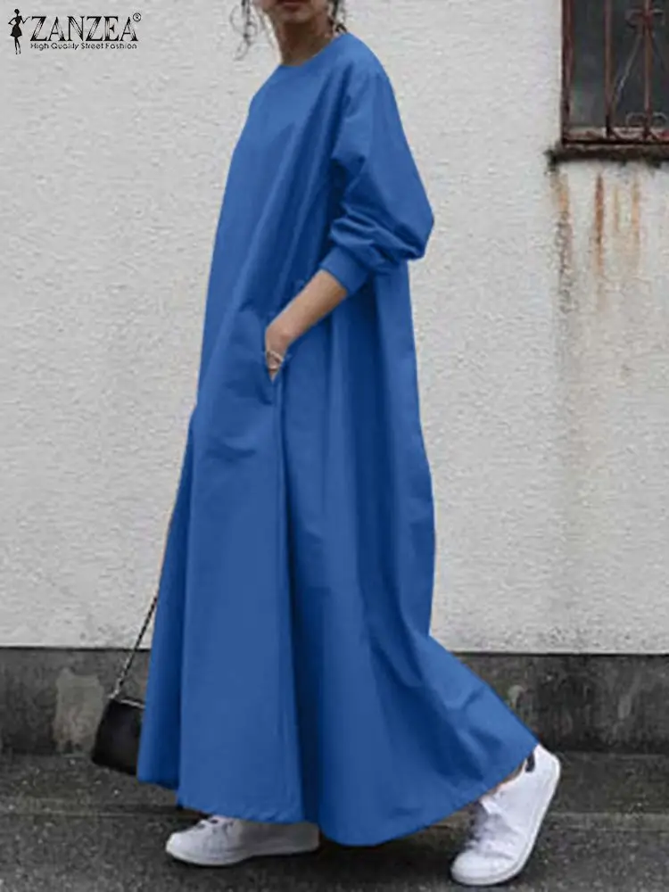 

Oversize Women Sundress Autumn Maxi Long Dress Robe Femme ZANZEA Spring O Neck Long Sleeve Kaftan Casual Solid Baggy Vestido