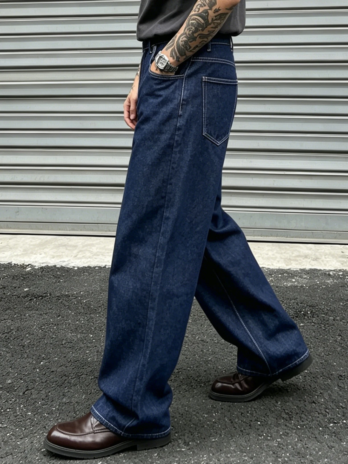 Unisex High-Waisted Wide-Leg Denim Jeans in Dark Blue