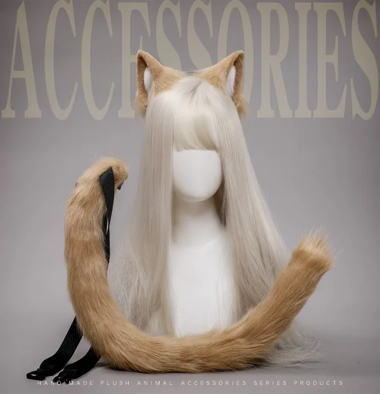 

Cosplay Lolita Cat Ear Tail Set Cute Costume Accessories Khaki Adjustable Ear 80cm Tail with Metal Bracket Party Show Prop