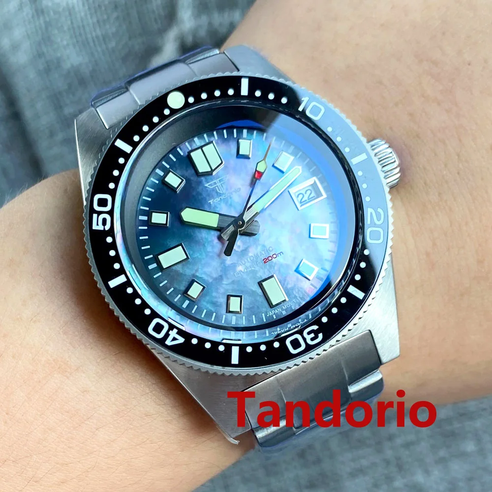 Tandorio 41mm AR Domed Sapphire Glass Mother Of Pearl Dial Automatic NH35A Movement 300m Diving Men's Watch Luminous 120 Clicks