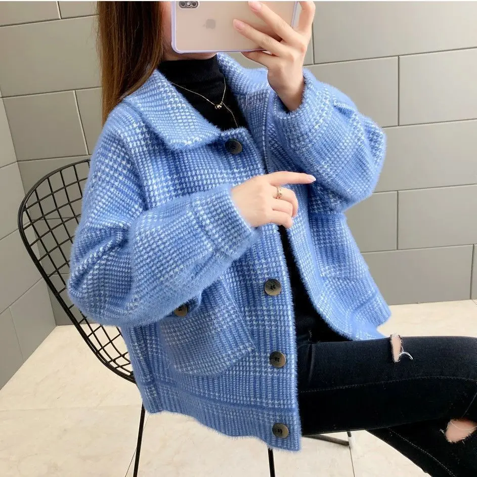 2023 Autumn Winter New Mink Down Plaid Short Oblique Pocket Cardigan Coat Women