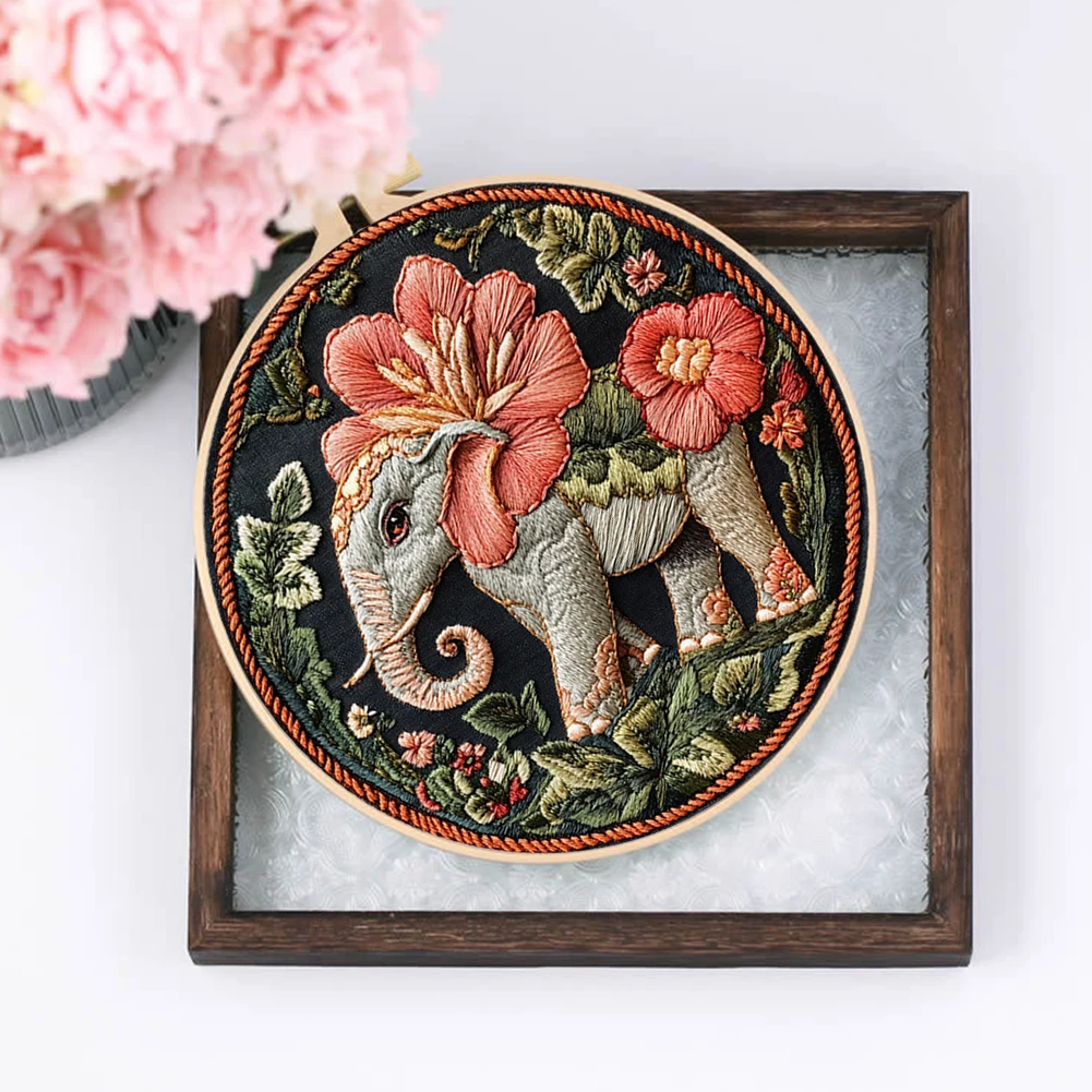 Elephant Stamped Cross Stitch Embroidery Kits with Hoop Cloth Color Thread