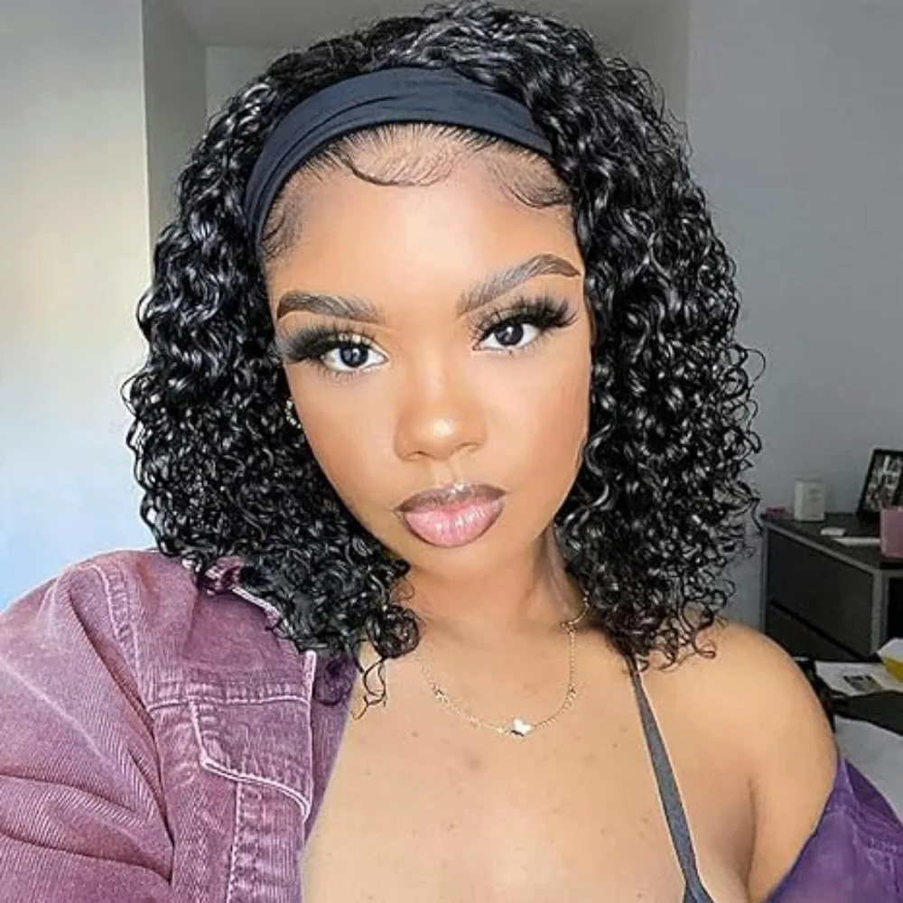 

Headband Wig Human Hair Curly Human Hair Wigs For Women Human Hair Short Bob Wig Kinky Curly Human Hair Wigs None Lace Gluelees