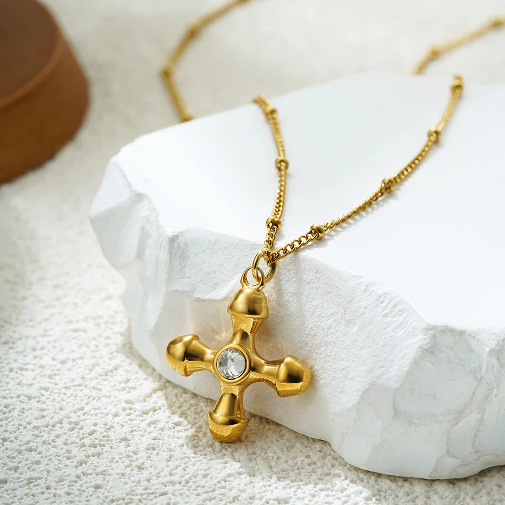 Delicate Thick Cross Pendant Necklace for Women Stainless Steel Sparkling Crystal Round Bead Chain Choker Fashion Jewelry 2025