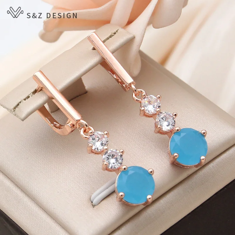 S&Z DESIGN New Fashion 585 Rose Gold Color Round Cubic Zirconia Dangle Earrings For Women Simple Holiday Party Jewelry Gift
