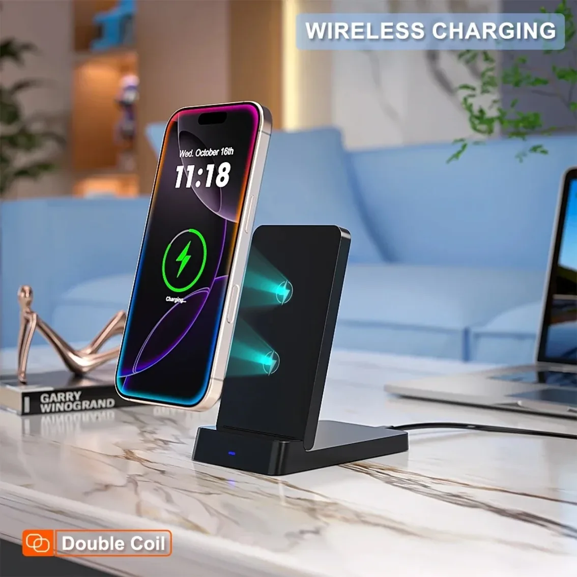 Double coil Fast Wireless Charger Stand Desktop Foldable Phone Charge For iPhone 16 15 14 13 12 Samsung Xiaomi Charging Station