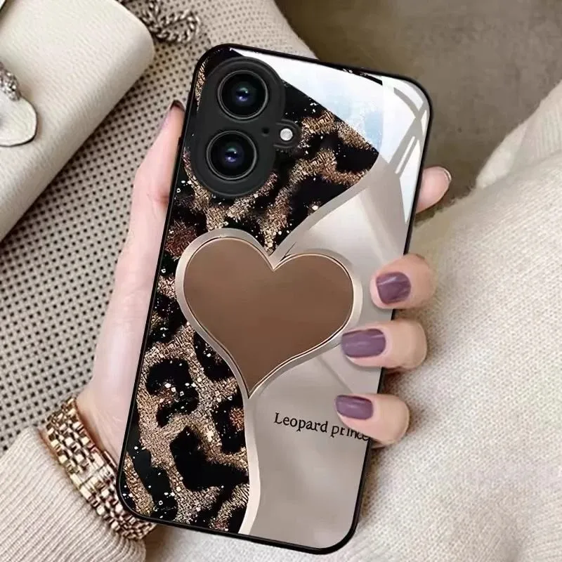 Leopard-Print Heart Phone Case with Tempered Glass Protection