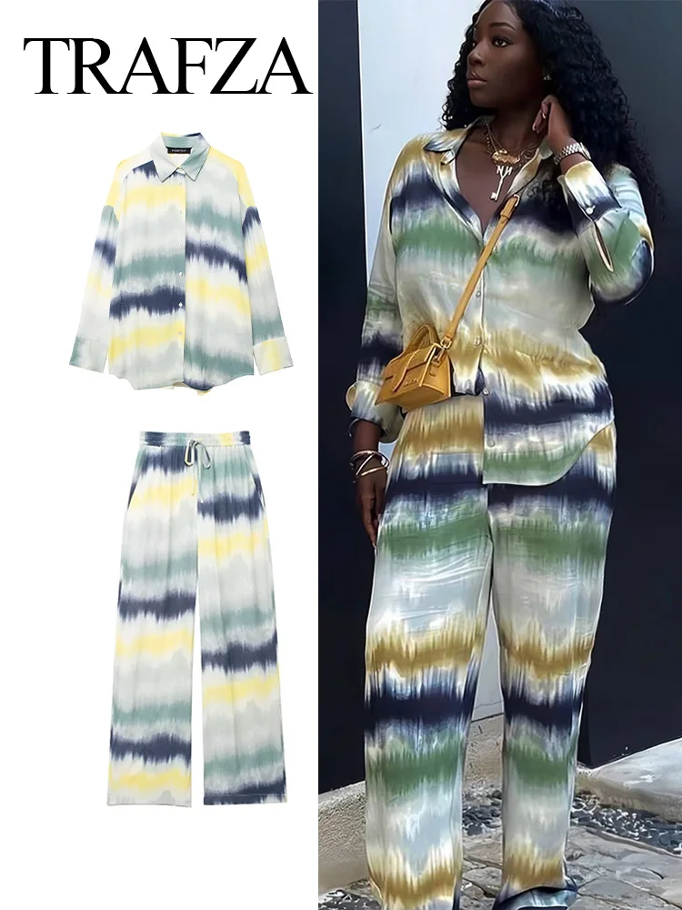 TRAFZA 2024 Woman's Tie Dye Pants Set Long Sleeve Printed Shirt+Elastic Waist Casual Pants Woman Summer Set Beach Holiday TRAF