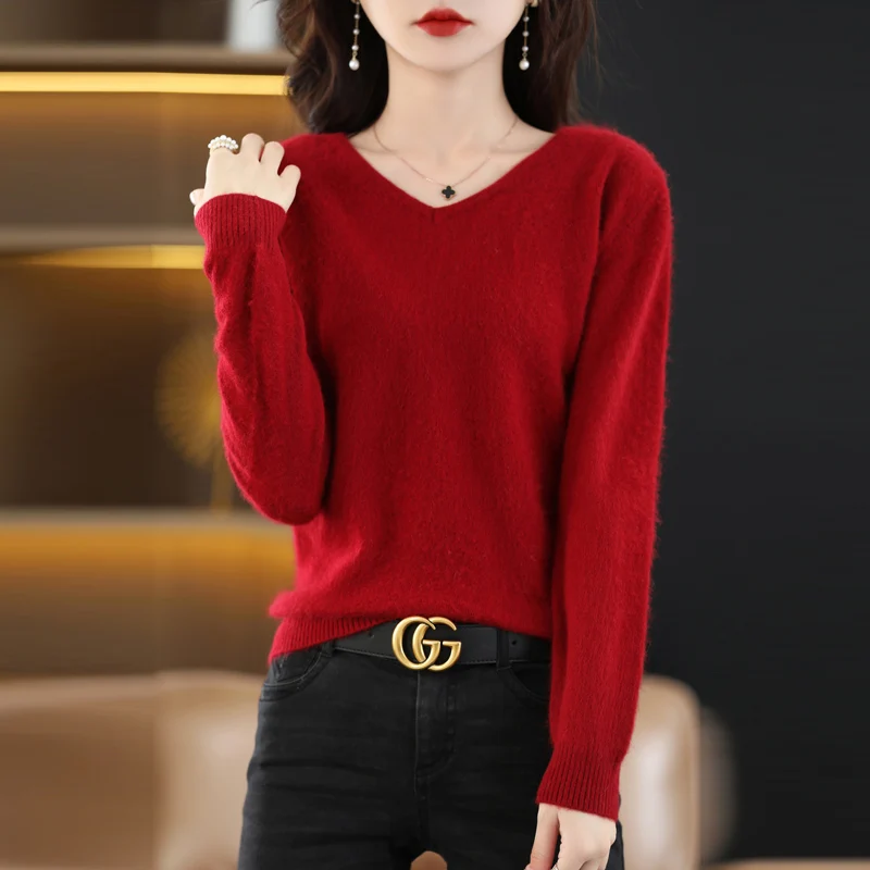 BELIARST 2024 Autumn Winter New Women's Clothing Sweater 100% Mink Cashmere Velvet V-Neck Pullover Knitted Large Size Tops 6