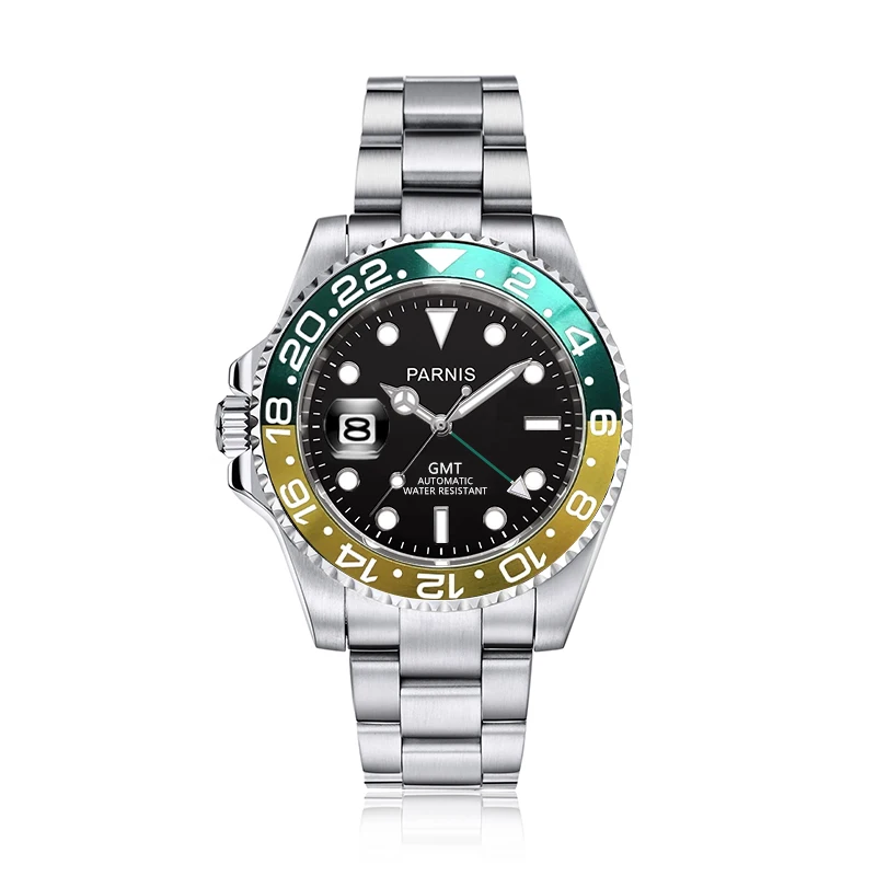 

New Fashion Parnis 40mm Green Gold Bezel Mechanical Automatic Watches Sapphire Glass Calendar Sports Wristwatches For Men 2024