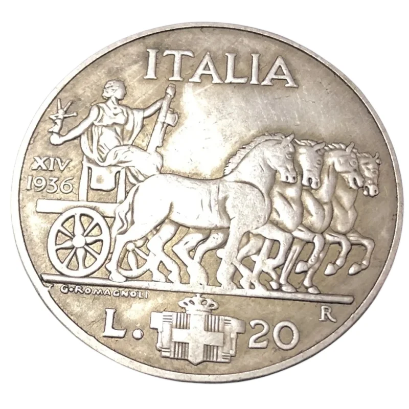 

1936 г., Италия, 20 ирир-Витторио эмануеле III, Посеребренная копировальная монета