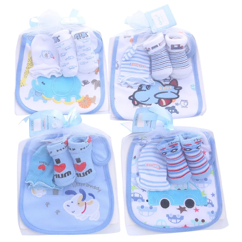 

0-12 Months Toddler Baby Socks Pack 3pcs Set for Boys Girls Cute Infant Gift Newborn Bebe Bibs Gloves Socks 6 Sets/ Packs