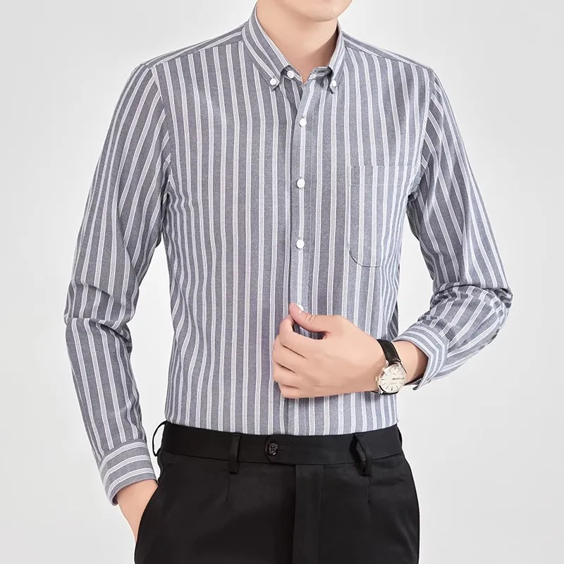 

Plus Size Chest Pocket Striped Oxford Shirt Men Business Office Work Long Sleeve Cotton Mens Dress Shirts Blouses Streetwear 5XL