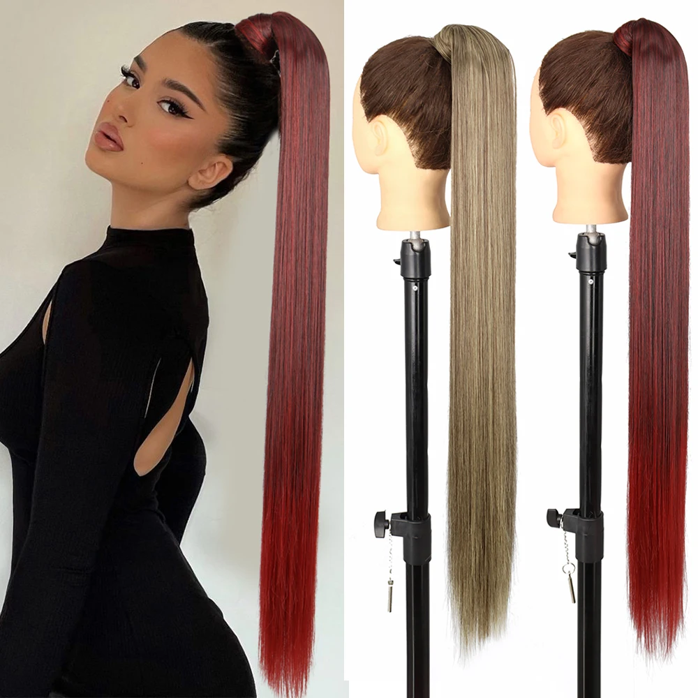 AZQUEEN Synthetic Long Straight Ponytail Wrap Around Clip in Hair Extensions 85cm Extra Long Heat Resistant Pony Tail For Women heat resistant synthetic fiber 130gr body wave clip in hair extensions 7008