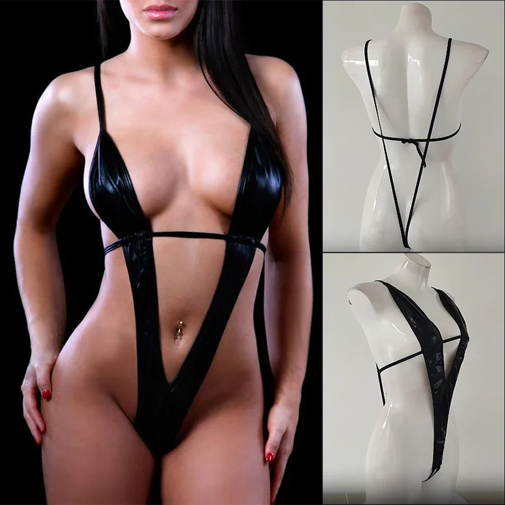 Sexy Lingerie Women Patent Leather Three-Point Deep V Bodysuit Backless G-string Crotchless Jumpsuit Erotic Temptation Nightwear